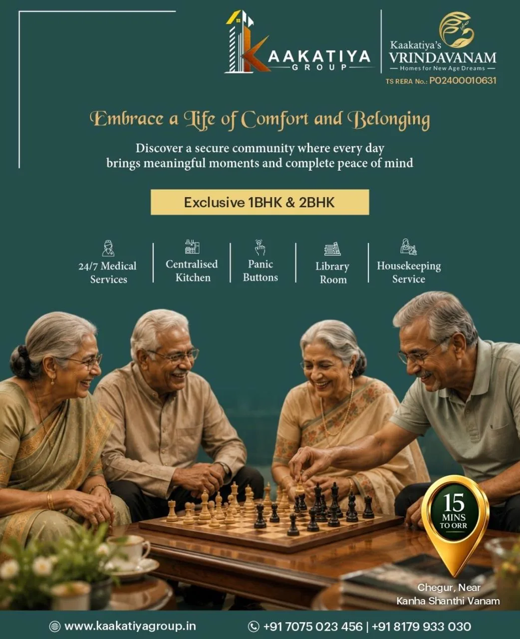 Vrindavanam poster — seniors playing chess, comfort and belonging