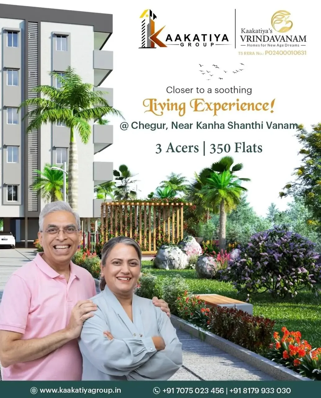 Vrindavanam lifestyle poster — senior couple at Chegur near Kanha Shanthi Vanam