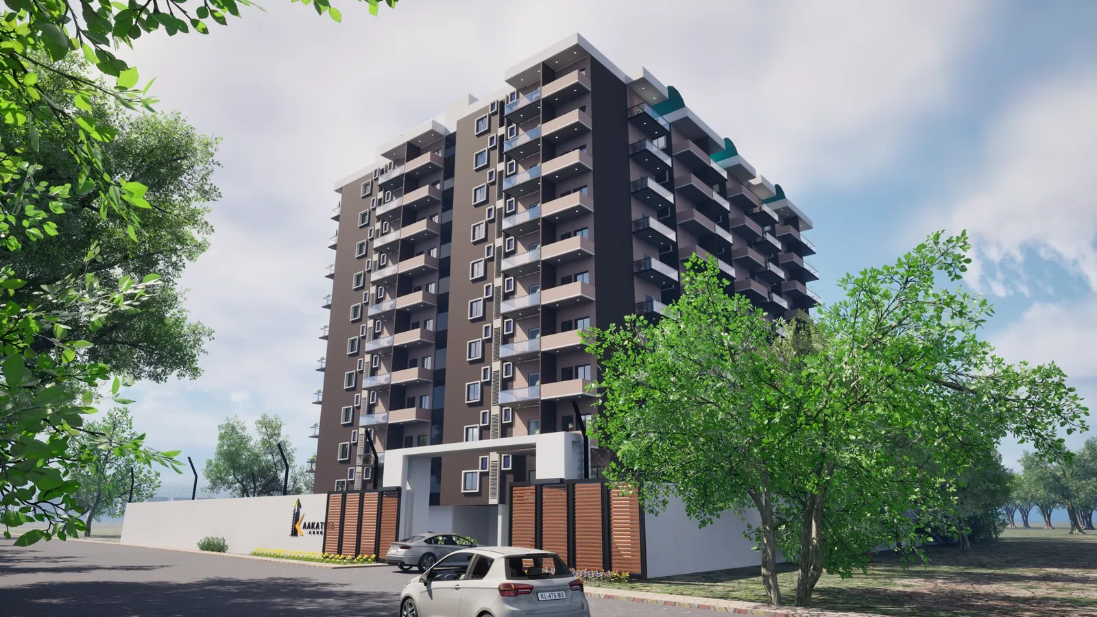 Kaakatiya Diamond Heights — residential high-rise apartments front elevation with entrance gate, Velimela, Kollur